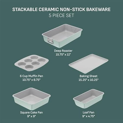 T-fal Refresh Ceramic Nonstick Baking Pans Set (5 Pieces), Roaster, 6-Cup for Muffins, Loaf, Square Baking Sheets Non Stick, Stackable Bakeware Sets, Mint Green