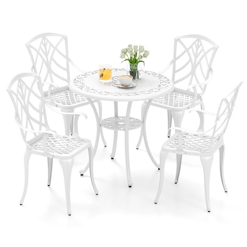 Tangkula 5 Pieces Cast Aluminum Outdoor Dining Set, Round Dining Table with 2” Umbrella Hole & 4 Armchairs, All-Weather Outdoor Furniture Set for Patio, Balcony, Garden & Backyard, White