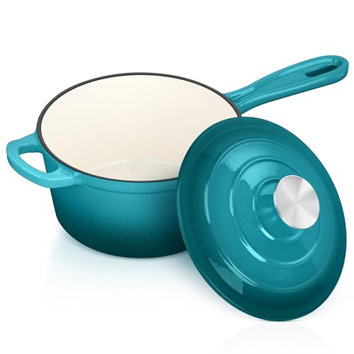 2 Quart Saucepan with Lid, Leonyo Enameled Cast Iron Sauce Pan, Cast Iron Pot and Pan Dutch Oven Induction Cookware for All Cooktops Cooking Soup, Milk, Paste- Up to 500°F & 6.7Lbs, Lake Green