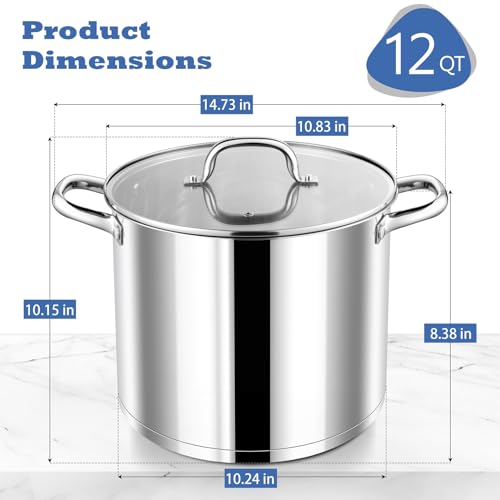 P&P CHEF 12 QT Stock Pot with Lid, Stainless Steel Large Cooking Pot, Soup Canning Stockpot for Stewing Simmering, Tri-ply Bottom for All Stoves, Heavy-Duty &Dishwasher Safe & Food-Grade