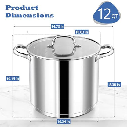 P&P CHEF 12 QT Stock Pot with Lid, Stainless Steel Large Cooking Pot, Soup Canning Stockpot for Stewing Simmering, Tri-ply Bottom for All Stoves, Heavy-Duty &Dishwasher Safe & Food-Grade
