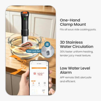 WiFi 2.4G Sous Vide Cooker, 1000W Sous Vide Machine Ultra-Quiet & 3D Fast Heating, App Control, Timer, Precise Calibration & Restaurant Chef-Level Recipes