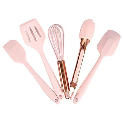 Collfa Rose Gold And Pink Kitchen Utensil Small Five-Piece Set Mini Silicone Kids Kitchen Tools Whisk Spatula Tongs Spoon And Slotted Spatula(Kids Baking Supplies)