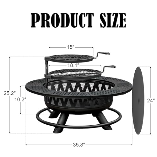 36 Inch Fire Pit with 2 Grills, Large Outdoor Firepits for Outside, Wood Burning Fireplace for Camping,Picnic,Bonfire, 3-in-1 Round Metal Table with Lid for Backyard,Patio,Party