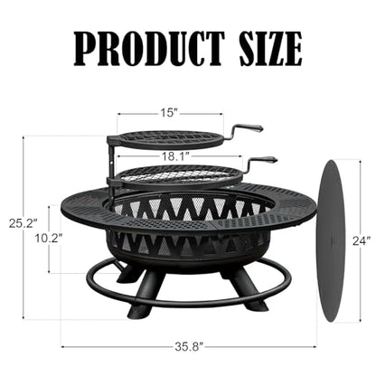 36 Inch Fire Pit with 2 Grills, Large Outdoor Firepits for Outside, Wood Burning Fireplace for Camping,Picnic,Bonfire, 3-in-1 Round Metal Table with Lid for Backyard,Patio,Party
