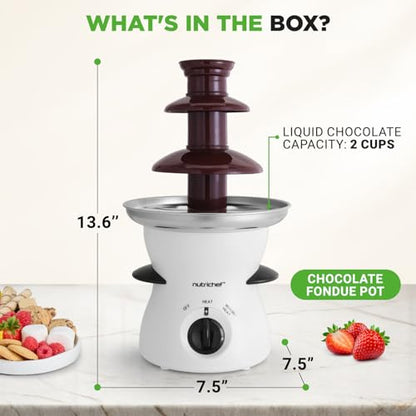 NutriChef Electric 3 Tier Chocolate Fondue Fountain | Countertop Chocolate Melter & Warmer Pot | Easy-to-Clean, Perfect for Dipping Strawberries, Marshmallows & Fruit | Pot Capacity 16 OZ