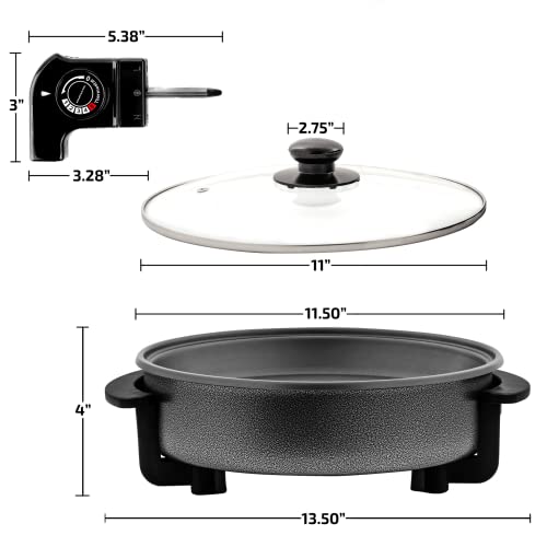 OVENTE 11.5-Inch Electric Skillet & Frying Pan, 1400W Nonstick Cooking Pan with Adjustable Temperature Control, Tempered Glass Lid with Steam Vent, Cool-Touch Handles, Easy-Clean Black SK11112B