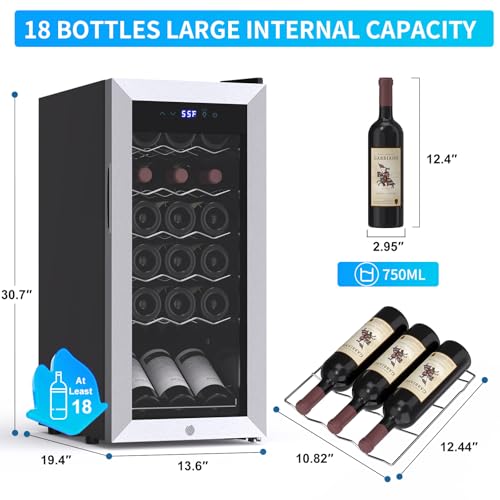 Tecnolove 18 Bottle Wine Cooler, 38-65°F Digital Temperature Control, 1.7 Cu.Ft Compact Wine Fridge, Freestanding Stainless Steel Glass Door with LED Light, Quiet Compressor for Red White Wine