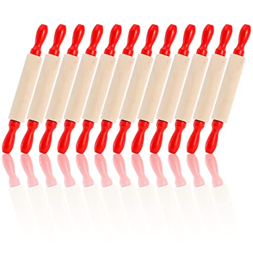 SOUJOY Set of 12 Mini Rolling Pin, 8 Inch Wood Dough Roller for Baking with Red Handle, Small Clay Rolling Pin for Craft Fondant Pastry Pizza Crafting and Imaginative Play
