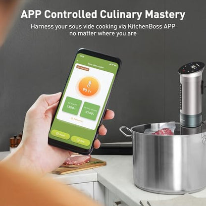 KitchenBoss Wifi Sous Vide Cooker: Ultra-quiet Sous Vide Machine Immersion Circulator APP Control 1100W, IPX7 Waterproof Sous Vide Precision Cooker Accurate Temperature Fast-Heating, Silver