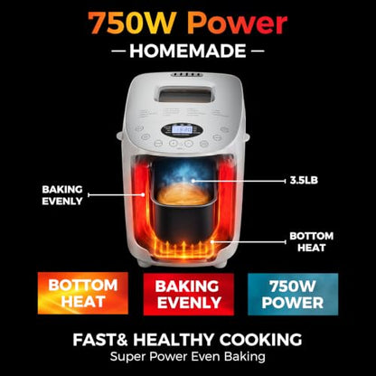 Davivy Bread Machine 3.5LB Large Capacity, 850W Automatic Bread Maker with 15 Programs (Gluten Free, Homemade Memory, Dough Shortcut), 15H Delay Timer, 1H Keep Warm, Nonstick Pan