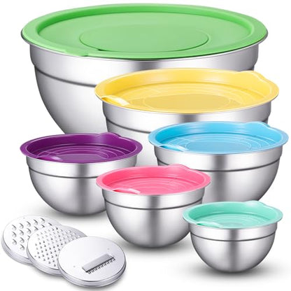 Xyingshine Stainless Steel Mixing Bowls with Lids Set, 6 Nesting Kitchen Bowls 0.7-4 QT, Metal Mixing Bowls with 3 Grater Attachments, Dishwasher Safe for Prep, Mixing, Serving & Storage