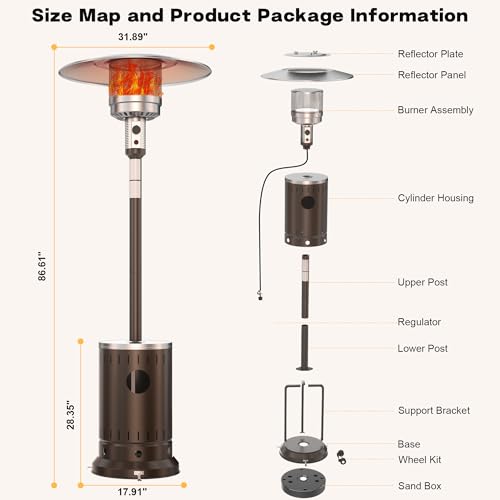 DIAMONDFORGE 50,000 BTU Patio Heater - Propane Patio Heater with Sand Box, Double-Layer Stainless Steel Burner Space Heater, Outdoor Heaters with Wheels, Used for Garden, Patio and Residential, Brown