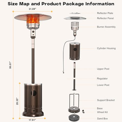 DIAMONDFORGE 50,000 BTU Patio Heater - Propane Patio Heater with Sand Box, Double-Layer Stainless Steel Burner Space Heater, Outdoor Heaters with Wheels, Used for Garden, Patio and Residential, Brown