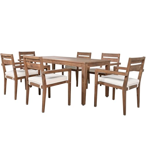 Hlcodca 7 Piece Patio Dining Table Set with Removable Cushion, Outdoor Acacia Wood Furniture Set for Garden, Backyard, Lawn, Poolside (A-Burly Wood)