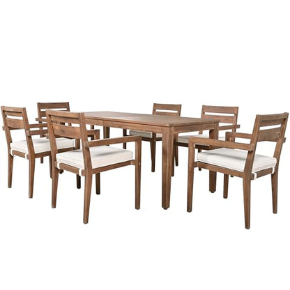 Hlcodca 7 Piece Patio Dining Table Set with Removable Cushion, Outdoor Acacia Wood Furniture Set for Garden, Backyard, Lawn, Poolside (A-Burly Wood)