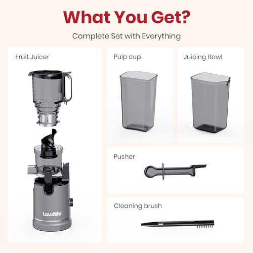 Laudlife Cold Press Juicer with 5.9" Wide Feed Chute, Integrated 100oz Capacity Hopper & Strainer Design, Easy Clean & BPA Free, Slow Masticating Juicer Machines for Whole Fruits Vegetables