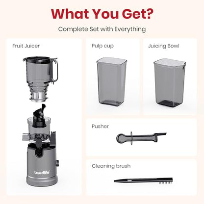 Laudlife Cold Press Juicer with 5.9" Wide Feed Chute, Integrated 100oz Capacity Hopper & Strainer Design, Easy Clean & BPA Free, Slow Masticating Juicer Machines for Whole Fruits Vegetables