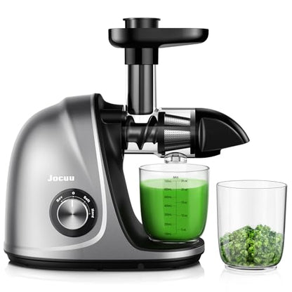 Juicer, Jocuu Slow Masticating Juicer Machines Easy to Clean, Soft/Hard Two Speed Quiet Motor Reverse Function Anti-Clogging, Cold Press Juice Extractor with Brush & Recipes