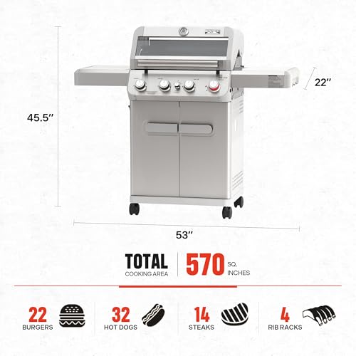 Monument Grills 4 Burner Propane Gas Grill, Stainless Steel Outdoor Patio Barbecue Grill, with Broil Zone Fast Heating, Knob Control, and Easy Cleanup, M410MBZ