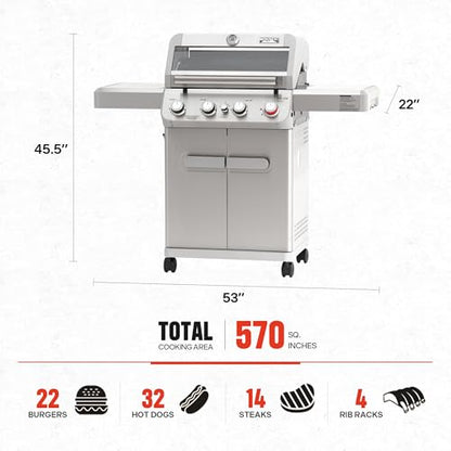 Monument Grills 4 Burner Propane Gas Grill, Stainless Steel Outdoor Patio Barbecue Grill, with Broil Zone Fast Heating, Knob Control, and Easy Cleanup, M410MBZ