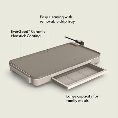 bella 12 x 22 Electric Griddle with Warming Tray, Ceramic Nontoxic, Oatmilk