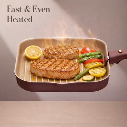 CAROTE 10 Inch Titanium Reinforced Nonstick Grill Pans for Steak, Non-Stick Grill Pans Sets with Detachable Handle, PFOS, PFOA Free, Gas & Induction Safe, All Stovetops Compatible, Burgundy