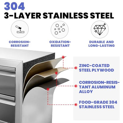 28"×19.7"×22" Outdoor Kitchen Cabinets, 304 Stainless Steel Cabinet, No Assembly Flush Mount Outdoor Kitchen Drawers Combo with Silent Triple Drawers & Access Door for BBQ Island Indoor Kitchen
