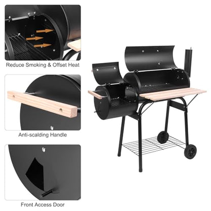Large Charcoal Grill with Offset Smoker and Wood-Painted Side Table, Outdoor Smoker Grill with 811 Sq. In. Cooking Area for Outdoor Patio Barbecue Camping Parties Event, Black