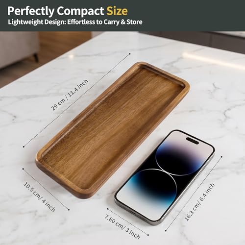 WILLKOMMEN Small Wood Tray – Solid Acacia Serving Platter Vanity Tray, Mini Wooden Decorative Tray for Bathroom Counter, Toilet, Coffee Table, Kitchen, Jewelry & Perfume (Rectangle)