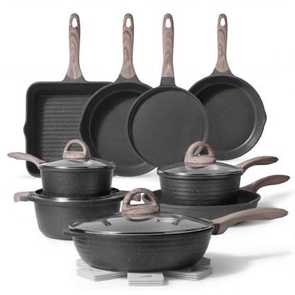 JEETEE Pots and Pans Set Non Stick 23pcs, Healthy Kitchen Cookware Sets, Induction Cooking Set W/Gray Frying Pans, Saucepans, Sauté & Griddle & Crepe Pan (PFOA, PFAS Free)