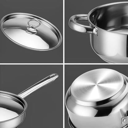 Hunnycook Stainless Steel Cookware Set - 15 Pieces Stainless Steel Pots and Pans Set, Includes 6 Pots and Pans, 6 Lids and 3 Utensils, Fixed Handles, Induction Safe and Dishwasher Safe
