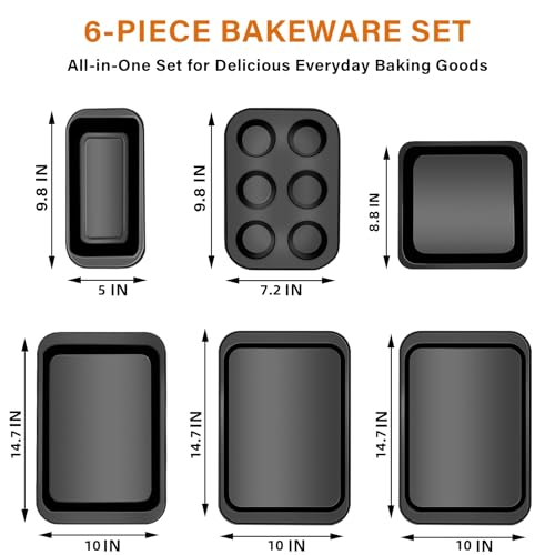 ZMKELE 6-Piece Carbon Steel Bakeware Set, Nonstick Baking Pans with Cookie Sheet, Deep Roaster, Square Pan, Loaf Pan, Muffin Pan for Cooking,Baking Pans Set (black)