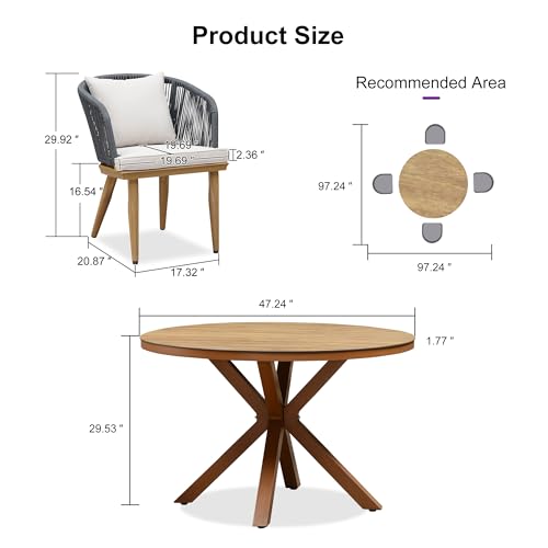 PURPLE LEAF 5 Pieces Patio Dining Set Wicker Outdoor Furniture Oversize Round Table and Chairs Set for Garden Deck Teak-Finish Aluminum Frame Backyard Kitchen Set, Cushions and Pillows Included