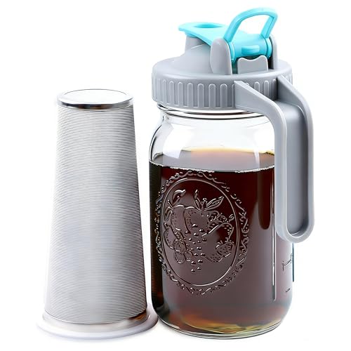Mason Jar Cold Brew Coffee Maker 32 Oz Wide Mouth Cold Brew Pitcher 1 Quart Airtight & Leakproof Mason Jar Pitcher With Stainless Steel Fine Mesh Filter For Coffee, Iced Tea, Sun Tea, Lemonade