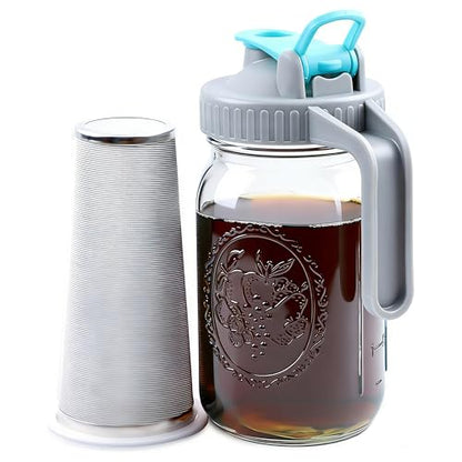 Mason Jar Cold Brew Coffee Maker 32 Oz Wide Mouth Cold Brew Pitcher 1 Quart Airtight & Leakproof Mason Jar Pitcher With Stainless Steel Fine Mesh Filter For Coffee, Iced Tea, Sun Tea, Lemonade