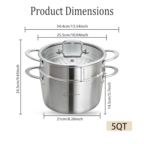 LOLYKITCH 5 Quart Stainless Steel Steamer Pot with Glass Lid, 3-Ply Steaming Pot for Cooking, 2 Tier Induction Steamer Pot for Tamales Seafood Vegetables Dumplings Stock Pot, Thick