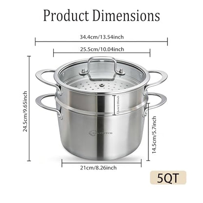 LOLYKITCH 5 Quart Stainless Steel Steamer Pot with Glass Lid, 3-Ply Steaming Pot for Cooking, 2 Tier Induction Steamer Pot for Tamales Seafood Vegetables Dumplings Stock Pot, Thick
