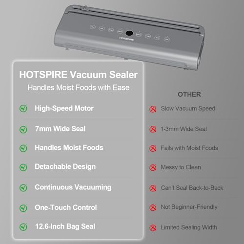 HOTSPIRE Food Vacuum Sealer Machine, Powerful & Continuous Vacuum Sealing for Kitchen Storage & Meal Prep, Wet & Dry Food Sealing, Detachable Upper & Lower Design for Easy Cleaning, Includes 50 Bags