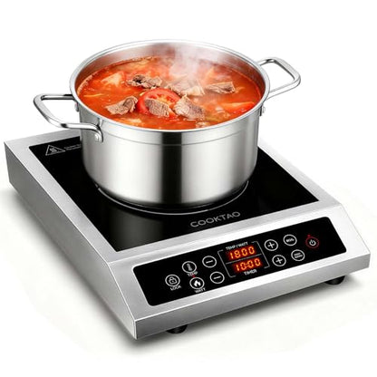 Stainless Steel Induction Cooktop, Professional Commercial Grade Single Burner Electric Cooktop, 1800W Hot Plate Portable Countertop Cooker with Temperature Control, Compatible with Magnetic Cookware