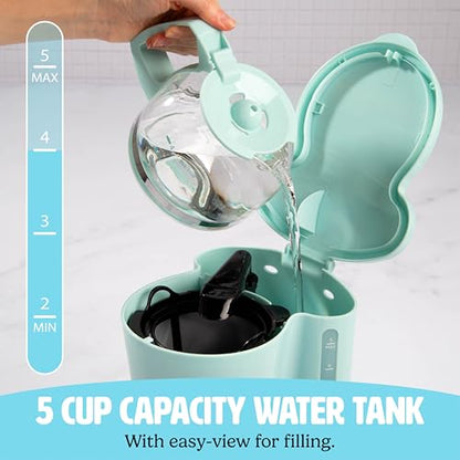 Tasty 5-Cup Coffee Maker with Auto Pause & Pour, Reusable Filter, Easy View Water Reservoir and Warming Plate, Glass Carafe, Compact Brew & Drip Coffee Maker, 5-Cup, Aqua