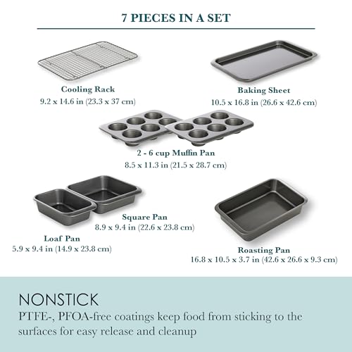 Chicago Metallic 7-Piece Nesting Bakeware Set - Carbon Steel Nonstick Baking Sheet, Loaf Pan, Muffin Pan, Cake Pan, Roaster and Cooling Rack - Space-Saving Kitchen Essentials