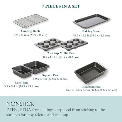 Chicago Metallic 7-Piece Nesting Bakeware Set - Carbon Steel Nonstick Baking Sheet, Loaf Pan, Muffin Pan, Cake Pan, Roaster and Cooling Rack - Space-Saving Kitchen Essentials