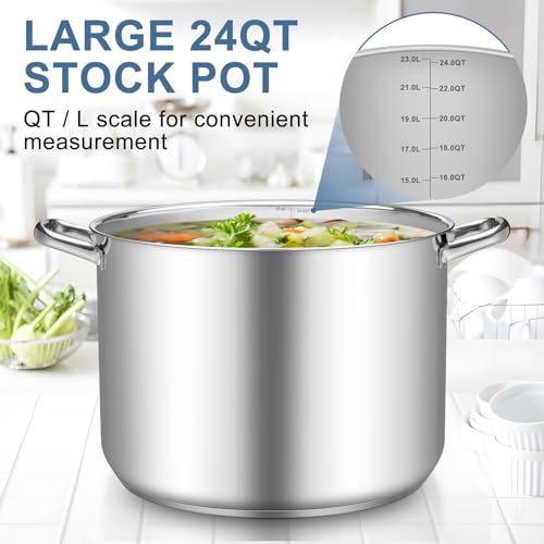 TeamFar Stainless Steel Stock Pot, 24QT Large Stockpot Tri-ply Bottom Cooking Soup Pot with Glass Lid, for Induction Gas Glass Stovetops, Non Toxic & Heavy Duty, Large Size & Easy Clean
