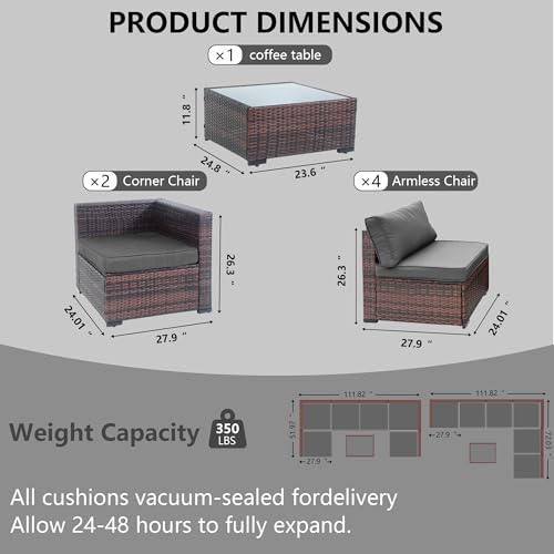 Decksplore 7 Piece Patio Furniture Set, Modular All-Weather PE Rattan Wicker Outdoor Sectional Sofa Conversation Set with Tempered Glass Coffee Table, 4.3" Thick Cushions & Furniture Cover, Grey