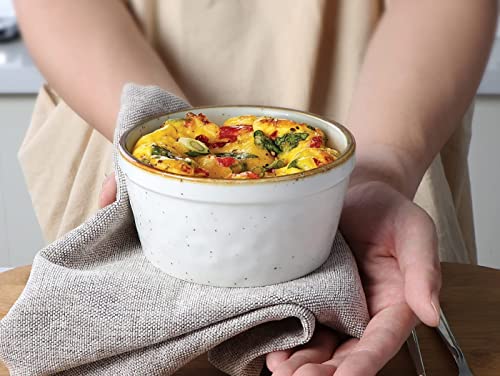 ONEMORE 12 oz Ramekins Oven Safe - Set of 6 Speckled Ceramic Souffle Dishes with Brown Rim for Baking Creme Brulee, French Onion Soup, Pot Pies, and More | Rustic Design with Warm Cream Glaze