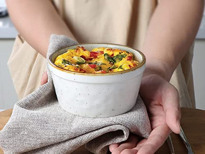ONEMORE 12 oz Ramekins Oven Safe - Set of 6 Speckled Ceramic Souffle Dishes with Brown Rim for Baking Creme Brulee, French Onion Soup, Pot Pies, and More | Rustic Design with Warm Cream Glaze