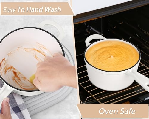 TeamFar 1QT Enameled Cast Iron Sauce Pan, Small Sauce Pot with Lid, Mini Dutch Oven Saucepan for Cooking/Simmering/Baking/Boiling, Sturdy & Nonstick, Oven Safe & Fit for Induction- White