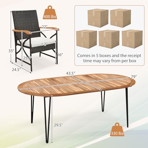 Tangkula 9 Pieces Patio Rattan Dining Set, Outdoor Oval Acacia Wood Dining Table and 8 Patio Wicker Armchairs Set with Umbrella Hole, Cushions, Metal Frame, Outdoor Dining Furniture Set for Garden