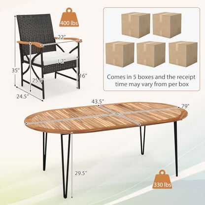 Tangkula 9 Pieces Patio Rattan Dining Set, Outdoor Oval Acacia Wood Dining Table and 8 Patio Wicker Armchairs Set with Umbrella Hole, Cushions, Metal Frame, Outdoor Dining Furniture Set for Garden